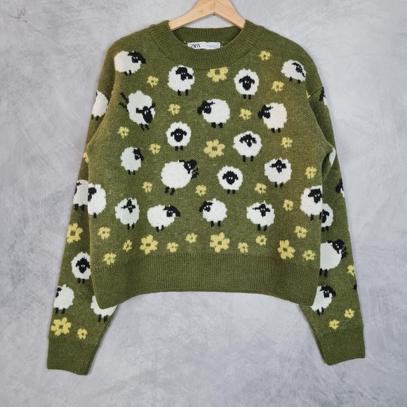 Zara Sweaters - Zara Sweater Womens Medium Green Sheep Floral Graphic Knit Pullover Kawaii